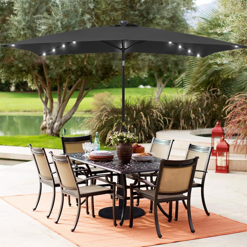 LIVOOSUN 10x6.5ft Steel Solar-Powered LED Patio Umbrella,w/Crank Tilt - Black