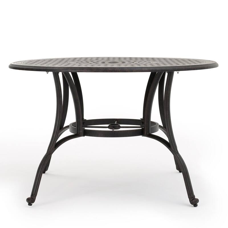 Roomfitters Outdoor Cast Aluminum Round Dining Table with Lattice Design, Rust Resistant Bronze