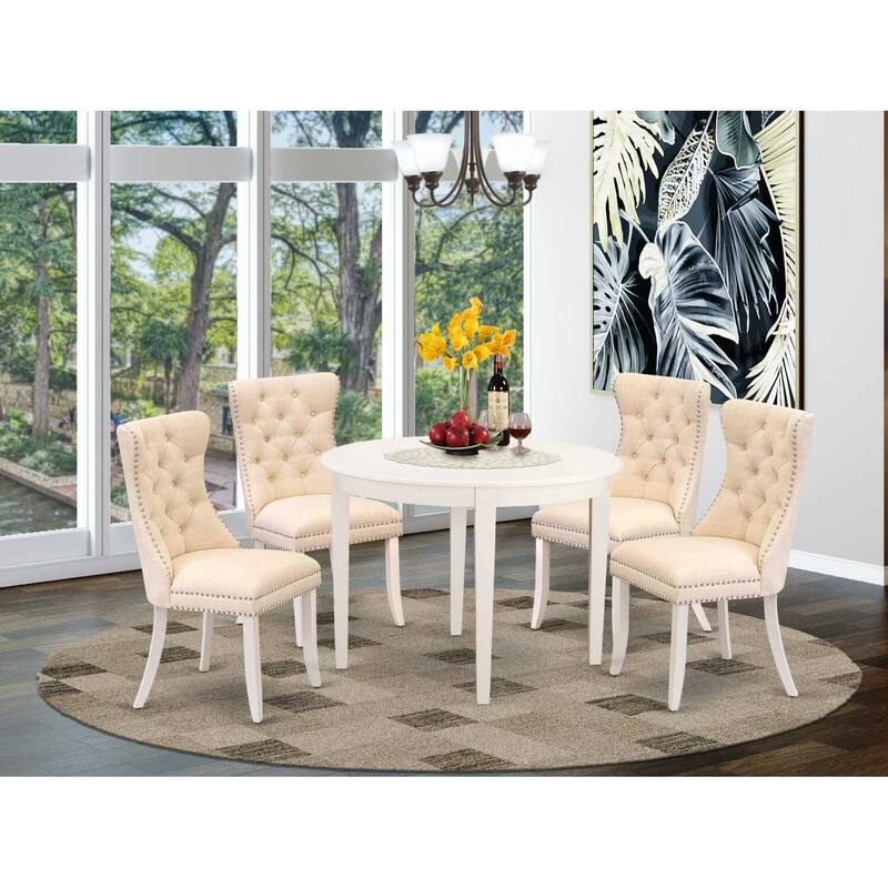 5-Piece Linen White Solid Wood Top - Round Upholstered Dining Room Set - Seats-4