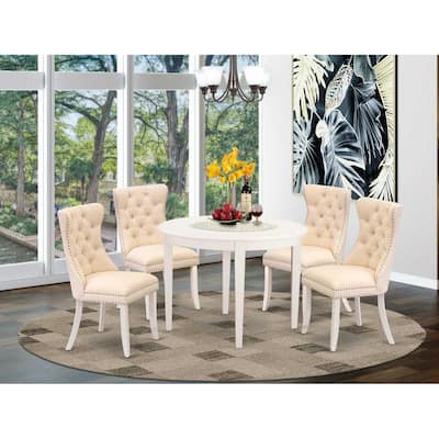 5-Piece Linen White Solid Wood Top - Round Upholstered Dining Room Set - Seats-4