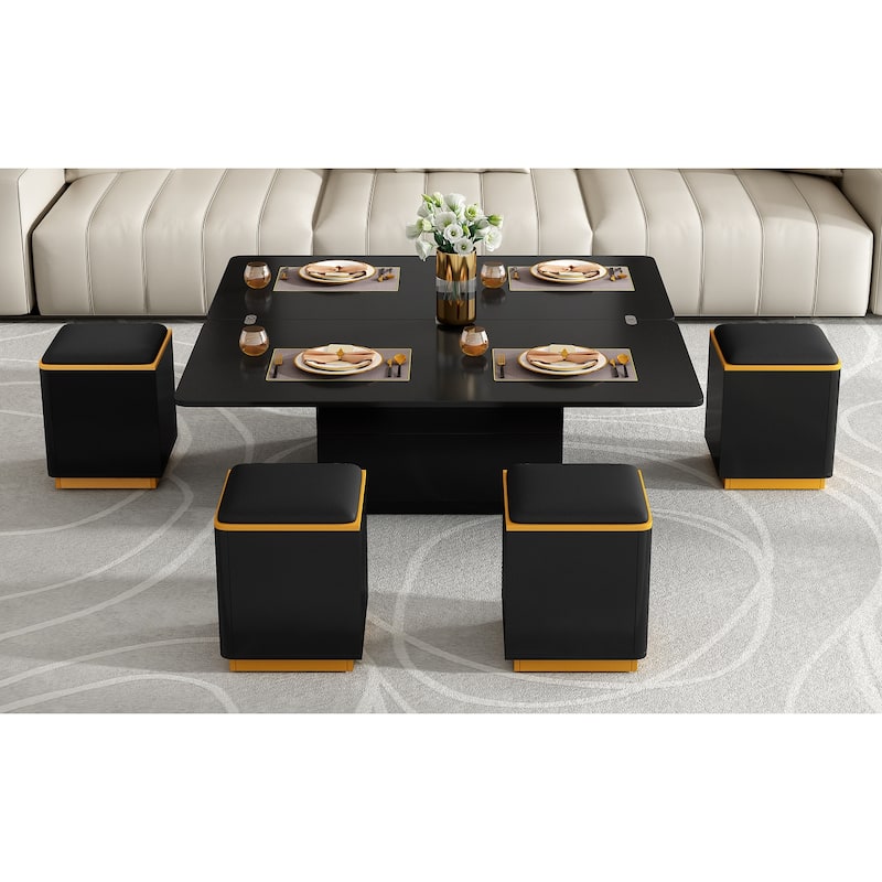 Lift-Top Coffee Table with 4 Storage Stools, Center Table with Foldable Top, Multi-Functional Adjustable Coffee Table