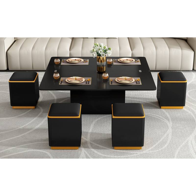 Lift-Top Coffee Table with 4 Storage Stools, Modern Space Saving Center Table with Foldable Top