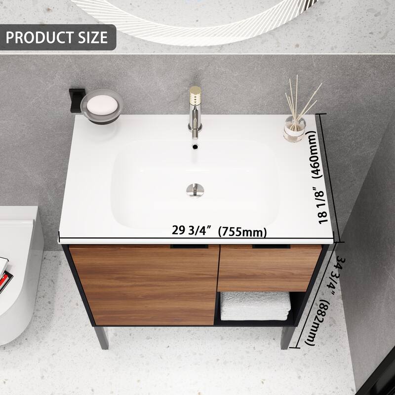 Dual-Purpose Bathroom Vanity with High-Quality Plywood Base, Gel Basin, and Soft-Close Drawers - 29.8in L