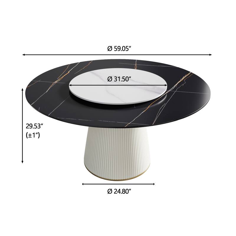 59'' Modern Round Dining Table for 8, Black Sintered Stone Tabletop with Lazy Susan