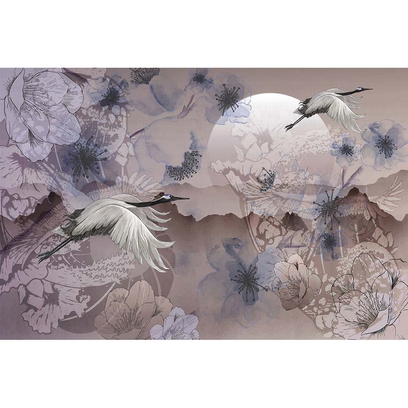 Serene Cranes and Blossoms Wallpaper Mural