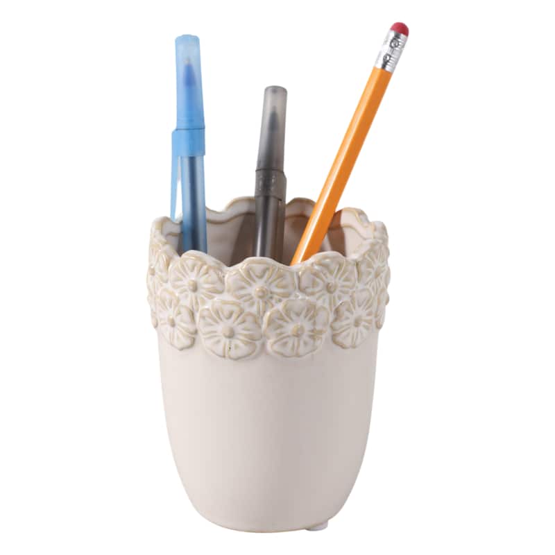 Ceramic Decorative Storage Container Ornate Embossed Floral Rim - 3.25" x 3.25" x 4.25"