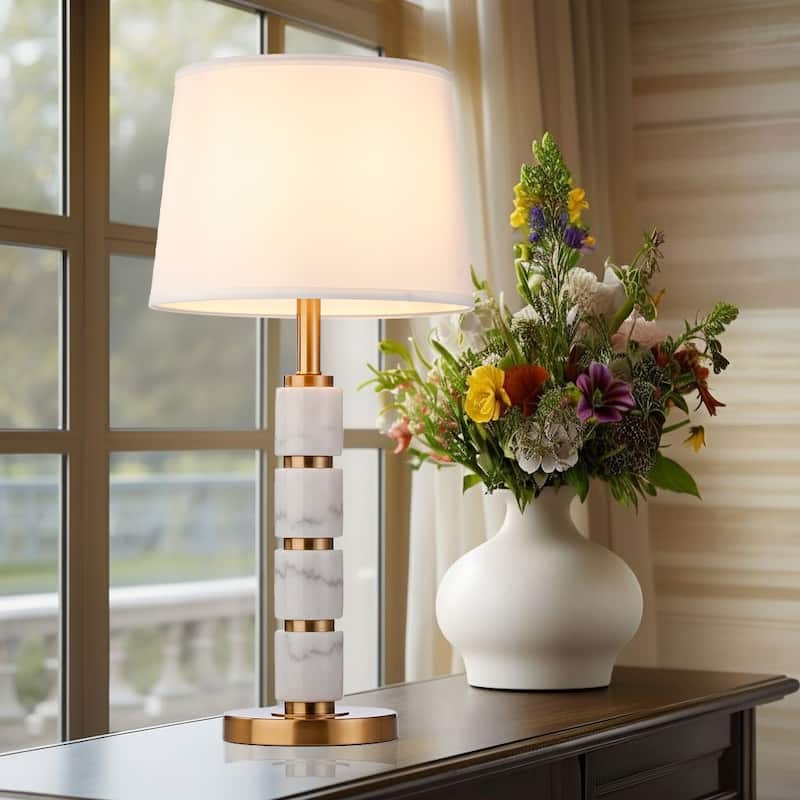 Elegant Gold Metal Table Lamp Featuring Alabaster Stone Shade, Modern Accent Lighting