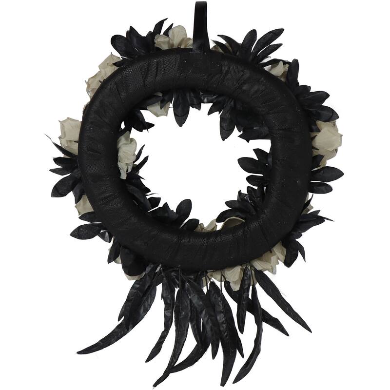 Haunted Hill Farm 15-In. Halloween Floral Wreath with Glitter Pumpkins and Skulls for Haunted House Hanging Decoration