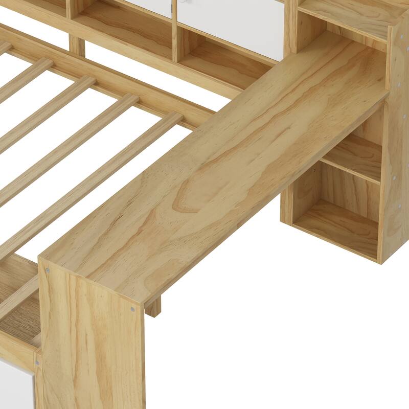 Wooden L Shaped Daybed with Bookcase and 2 Drawers, Multi-functional Corner Platform Sofa Bed Frame with Built In Desk