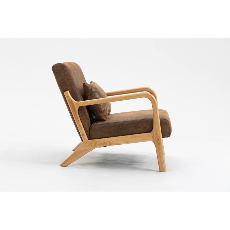 Mid Century Modern Accent Chair with Wood Frame, Upholstered Living Room Chairs with Waist Cushion, Reading Armchair