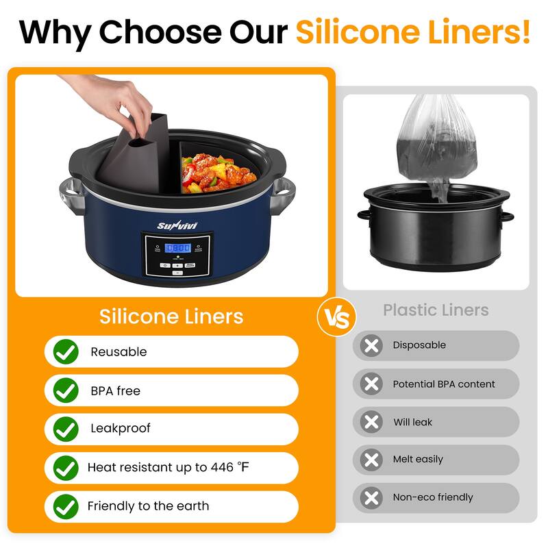 6 Quart Programmable Slow Cooker with 2 in 1 Silicone Liners