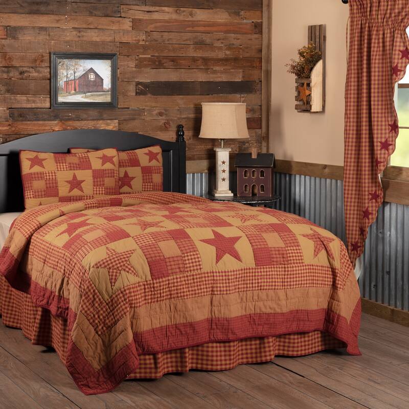 Ninepatch Star Quilt Set - Dark Tan/Burgundy - California King