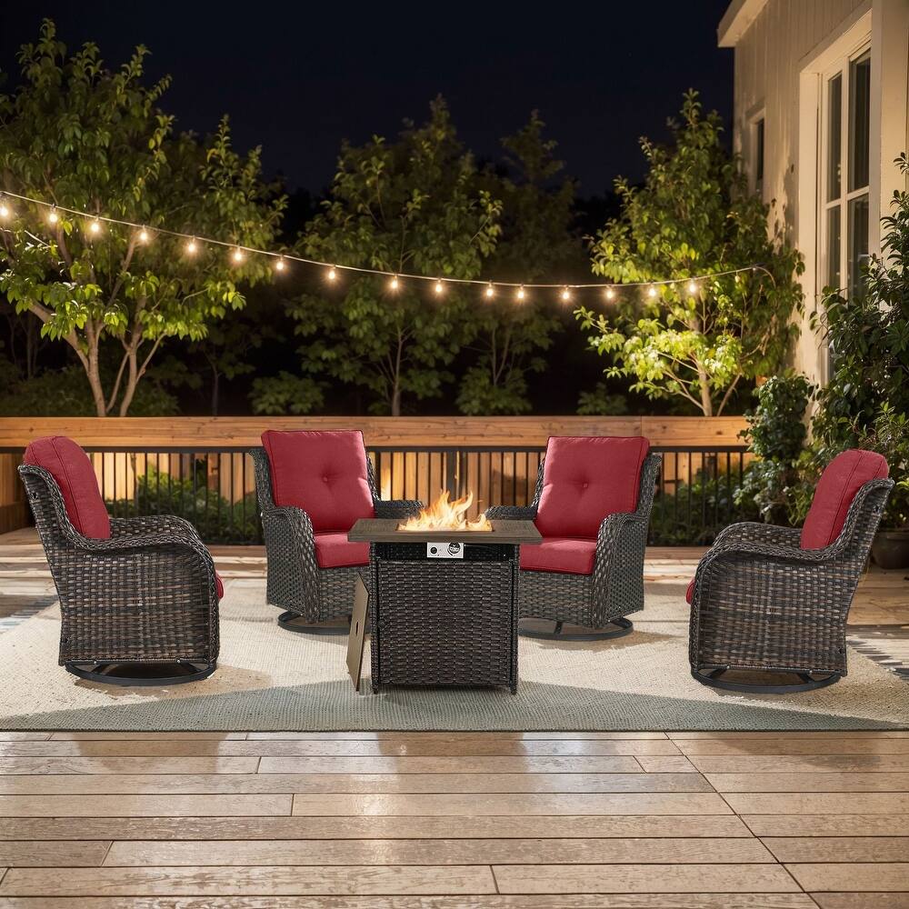 Gymojoy 5-Piece Outdoor Wicker Patio Furniture with Fire Pit Table, Rattan Coversation Set with Water Resistant Thick Cushions