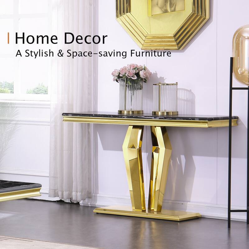 Luxury Rectangular Sofa Console Table Modern Living Room Entryway Table with Mirrored Gold Geometric Base