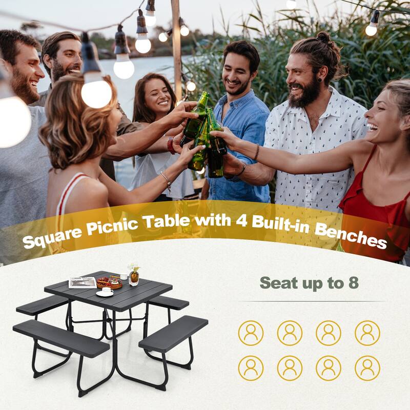 Gymax Outdoor Picnic Table 8-person Square Picnic Table Bench Set w/ 4