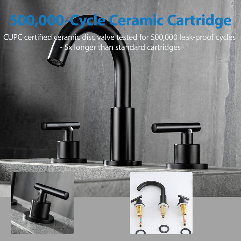 Modland Widespread 3-Hole Bathroom Faucet, 500K Cycle Ceramic Cartridge, 360 Swivel Spout & CEC Certified (Black/Gold/Nickel)