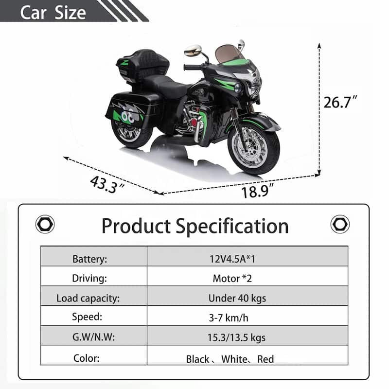 Kids 3-Wheel Motorcycle with Dual Seats, Black Ride-On Motorcycle Electric Motorcycle with LED Headlight