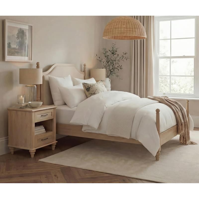 3 Piece Bedroom Set, Queen Size Bed Frame & Set of 2 Nightstands, Oak
