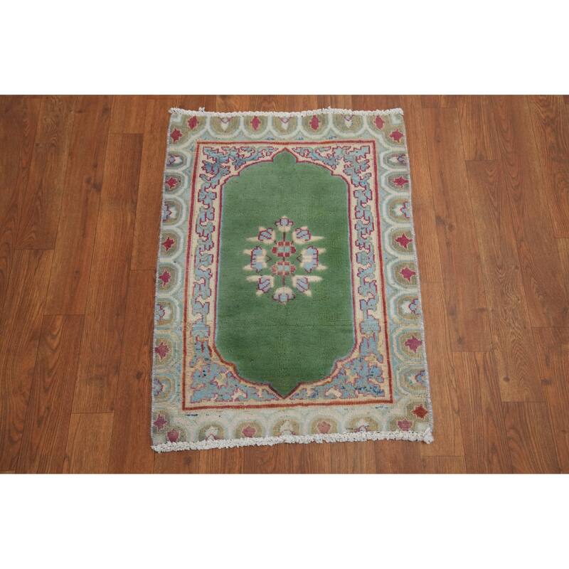 Hand Knotted Oriental 100% Wool Carpet Traditional Medallion Green Kerman Area Rug - 2' 6'' X 1' 10''