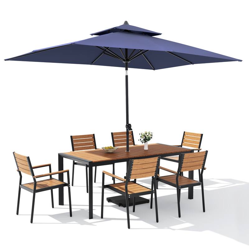 Set of 9 Outdoor Patio Dining Set WoodLike Aluminum Umbrella Hole Table with Stackable Armchairs, Double Top Market Umbrella Set