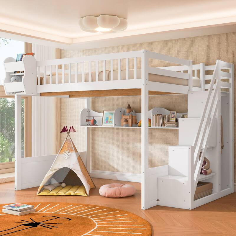 Roomfitters Queen Size Loft Bed with Wardrobe, Storage Staircase and Shelves - White - Queen