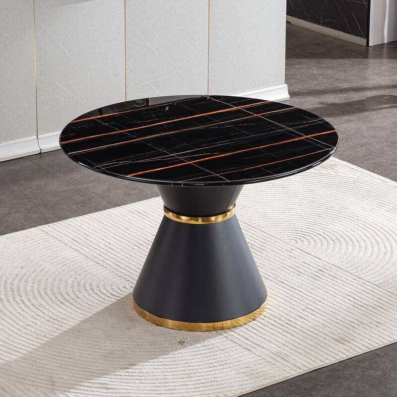 Marble Printed MDF Round Dining Table, Black Columnar Base with Gold Annulus(Not Including Chairs)