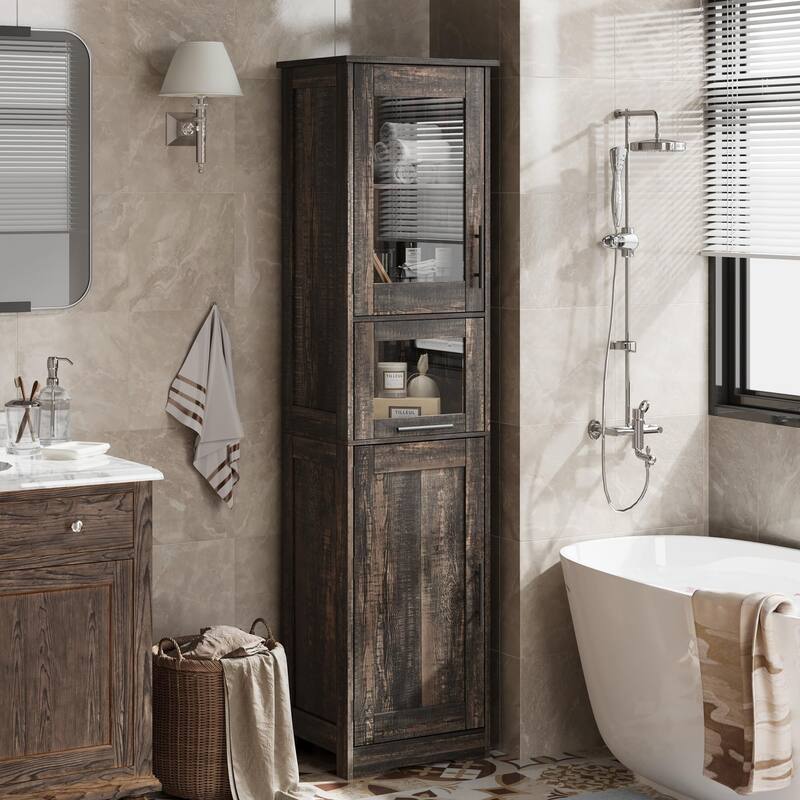 White Bathroom Cabinet Kitchen Pantry Cabinet with Doors and Adjustable Shelf - 12.2"D x 15.7"W x 66.9"H - Antique Oak