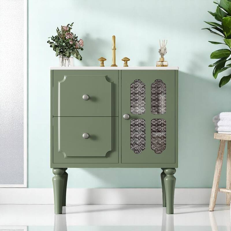 30 Inch Bathroom Vanity Set with Sink, Solid Wood Frame, Green Cabinet with Storage Drawers and Glass Panel - Green