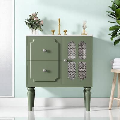 30 Inch Bathroom Vanity Set with Sink, Solid Wood Frame, Green Cabinet with Storage Drawers and Glass Panel