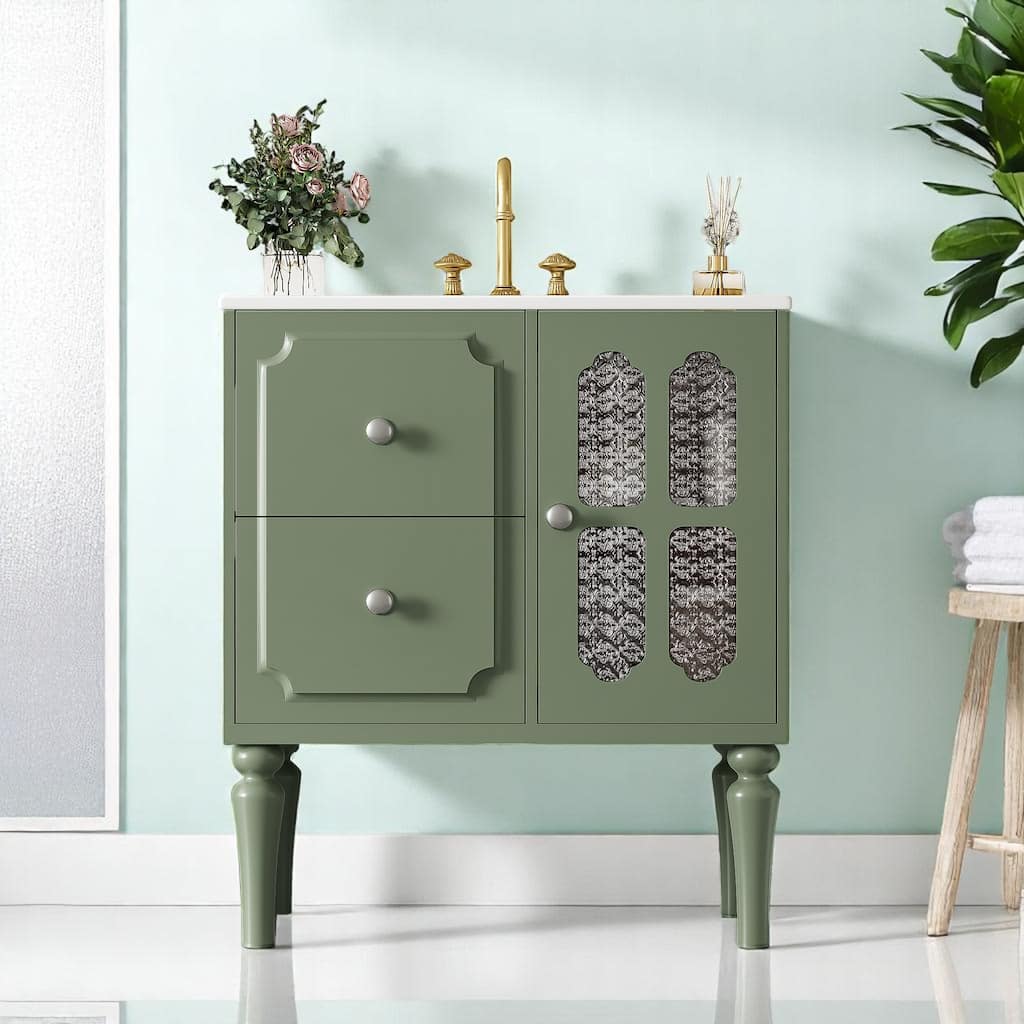 30 Inch Bathroom Vanity Set with Sink, Solid Wood Frame, Green Cabinet with Storage Drawers and Glass Panel