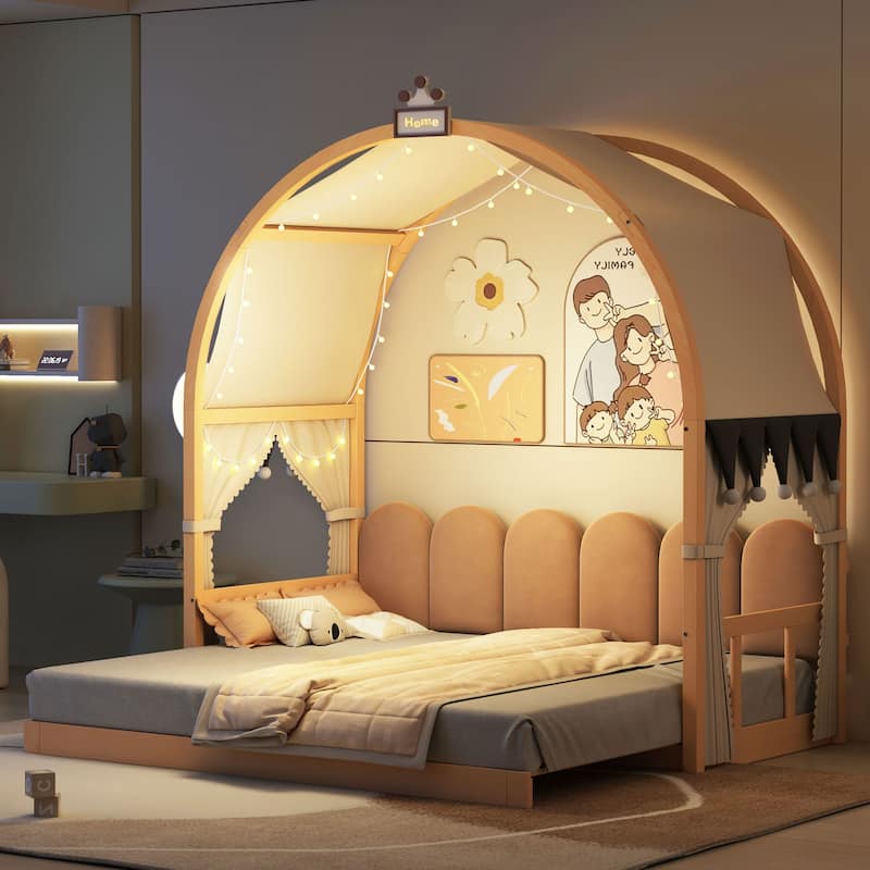 Wood Twin Size Bed Frame with Arched Roof, Floor Bed with Light and Curtain, Pull-out Kids Bed for Girls Boys Bedroom