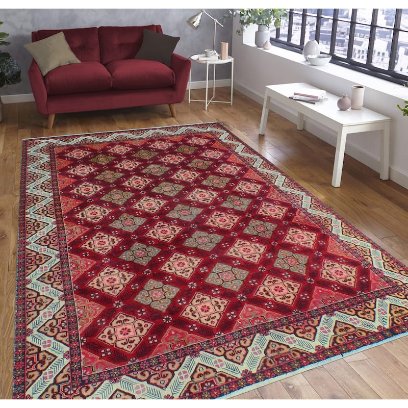 Fine Vintage Distressed Vesile Burgundy/Ivory Rug - 6'6" x 9'3"