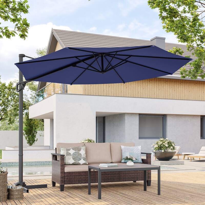 BONOSUKI 10FT Cantilever Patio Umbrella, Ultimate Outdoor Comfort with 360° Rotation and Canopy Angle Adjustment - Navy Blue