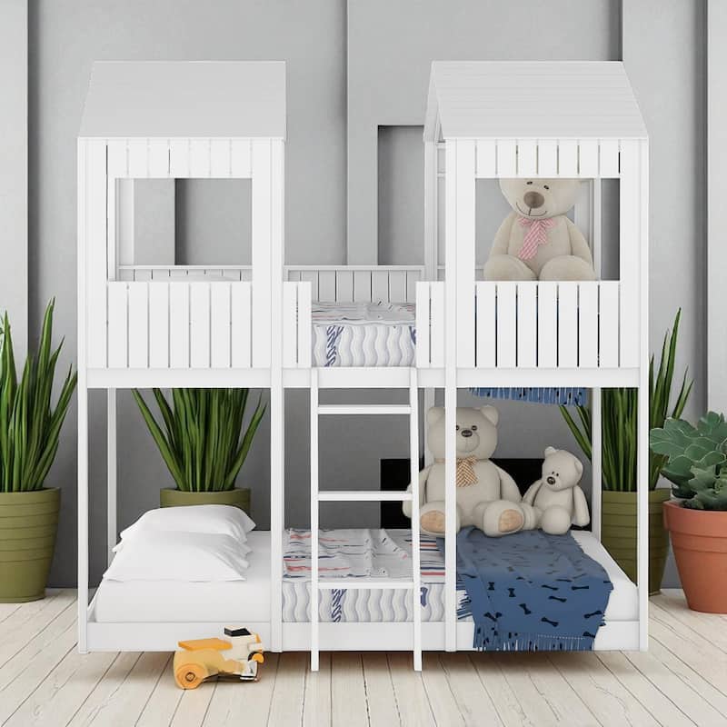 Full Over Full Wood Bunk Bed with Roof and Window, Guardrails and Ladder, House Style Frame for Kids - White - Full