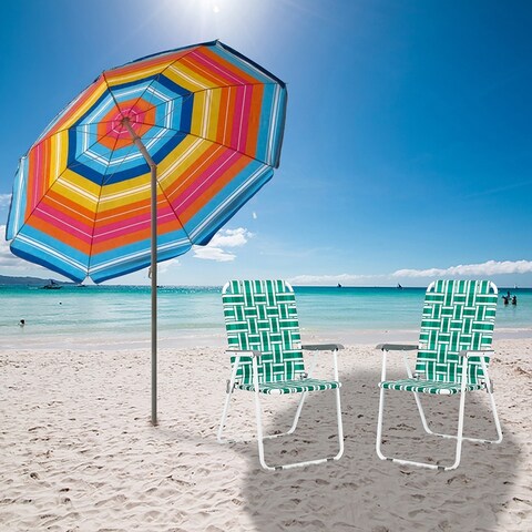 Folding Beach Chair Light Green Strip Steel Tube PP Webbing Bearing set of 2