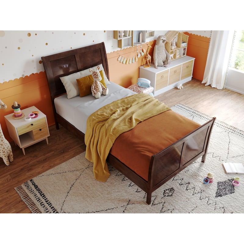 Solid Wood Sleigh Bed - Low Profile Platform Bed with Footboard - Twin Size Bed Frame