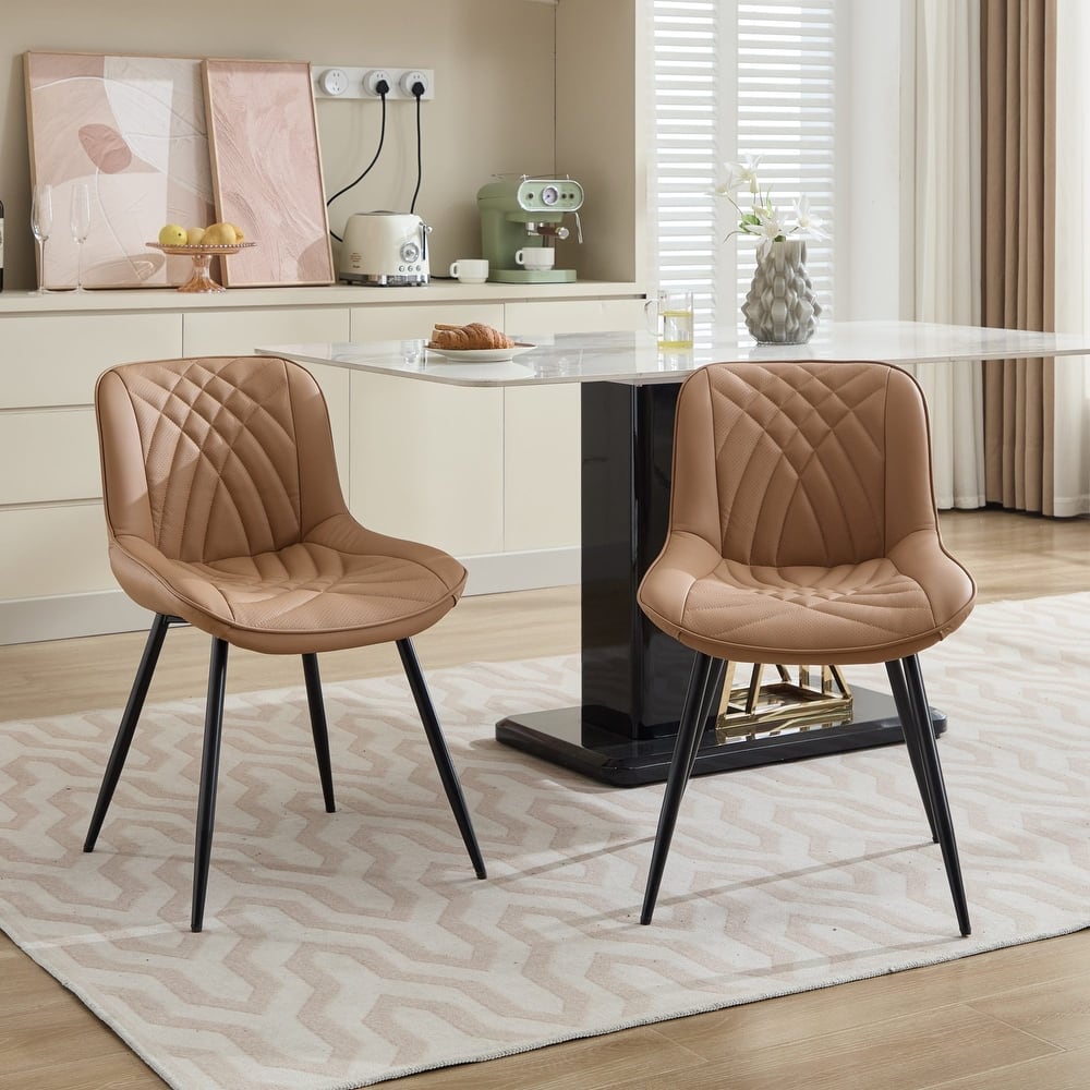 Leather Upholstered Dining Chair Set of 2 Kitchen Side Chair with Metal Legs, Armless Lounge Chair with Curved Back