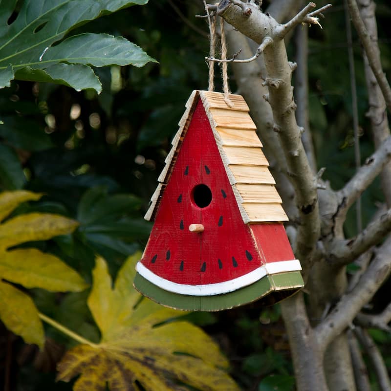 Glitzhome 11"H Distressed Solid Wood Watermelon Hanging Garden Birdhouse