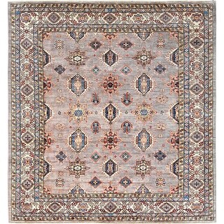 Shahbanu Rugs Silver Pink Afghan Super Kazak with Geometric Medallions ...