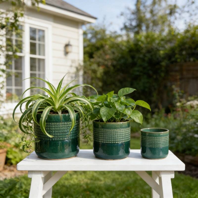 Anmytek Handmade Green Glazed Ceramic Planter Set of 3