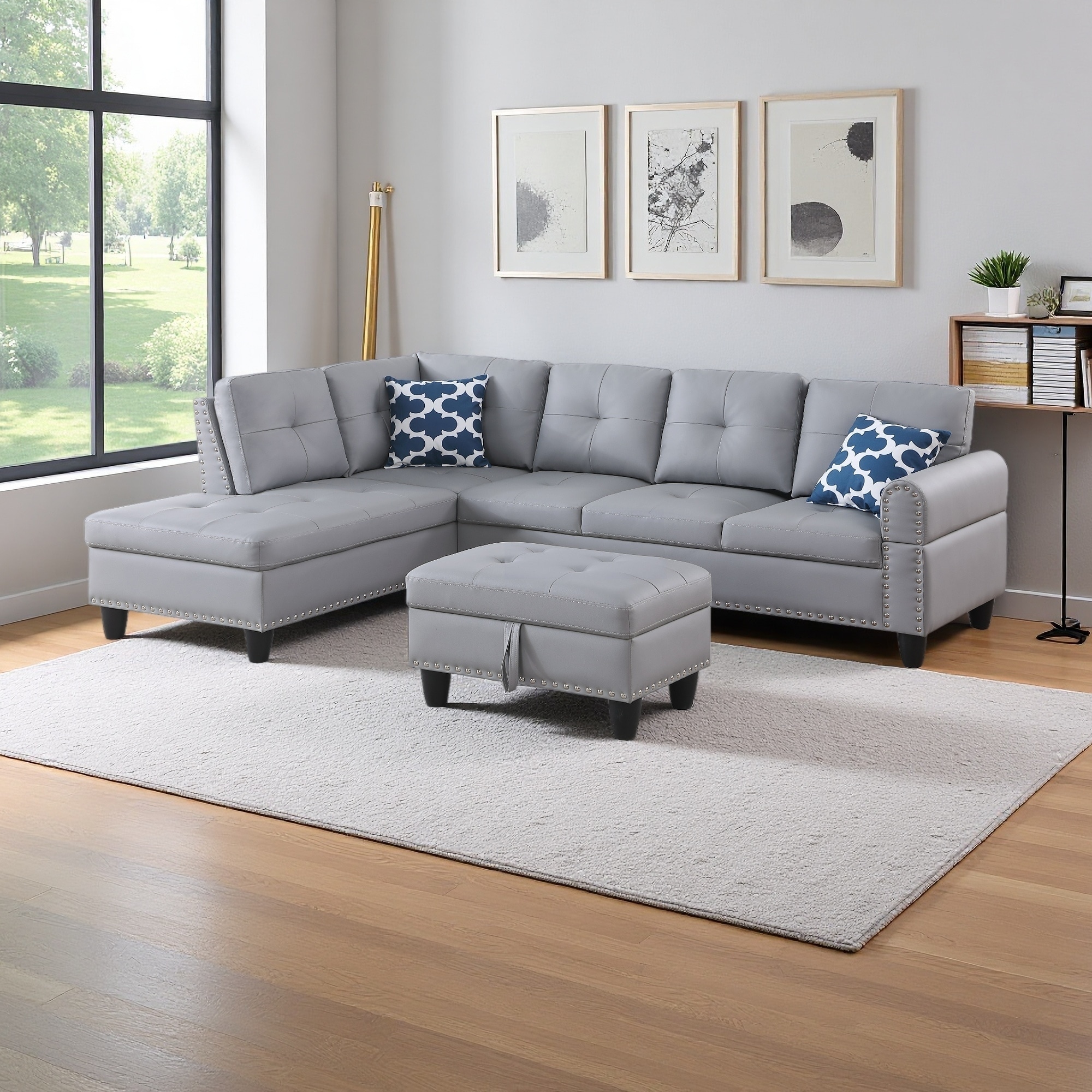 98" Faux Leather L-Shaped Sectional Sofa with Storage Ottoman and Cup Holders