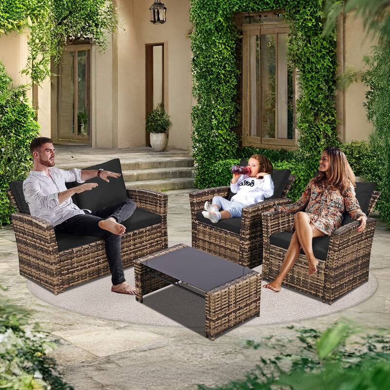 4-Piece Wicker Outdoor Sofa Set, 1 Loveseats, 2 Single Sofas, 1 Table