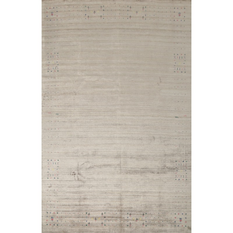 Hand Knotted Oriental Viscose Silk Carpet Tribal Animal Pictorial Beige & Ivories Gabbeh Area Rug - 12' 1'' X 9' 0''