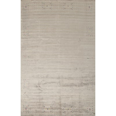 Hand Knotted Oriental Viscose Silk Carpet Tribal Animal Pictorial Beige & Ivories Gabbeh Area Rug - 12' 1'' X 9' 0''