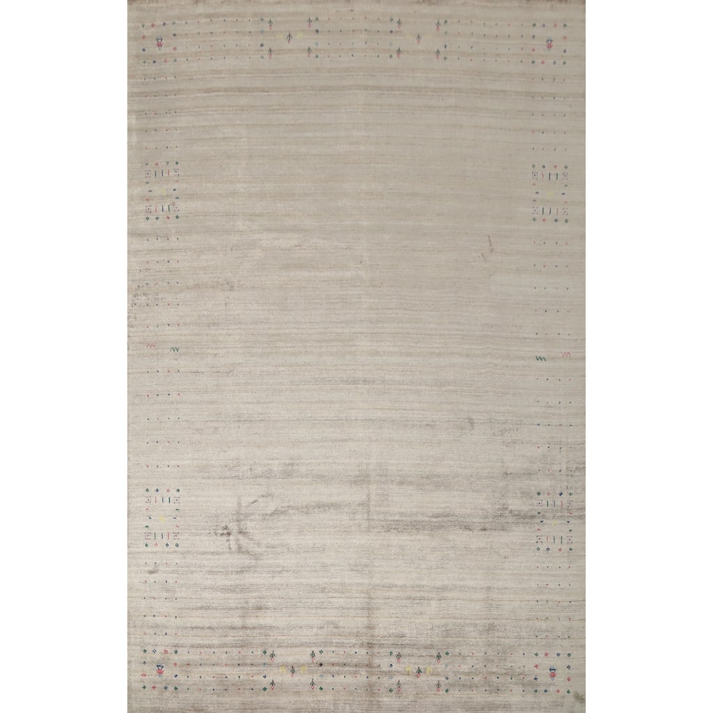 Hand Knotted Oriental Viscose Silk Carpet Tribal Animal Pictorial Beige & Ivories Gabbeh Area Rug - 12' 1'' X 9' 0''