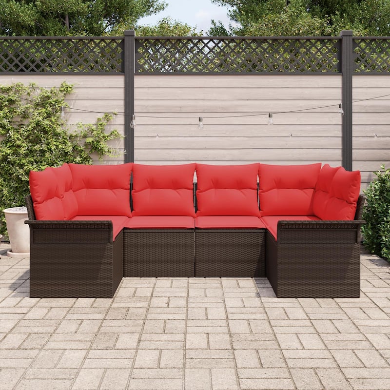 vidaXL 6 Garden Sofa Set with Cushions Black/Brown/Grey Poly Rattan - 92.1 x 52.2 x 27.2