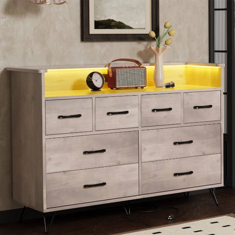 8 Drawer Dresser for Bedroom with LED Light, Charging Station & Open Shelf