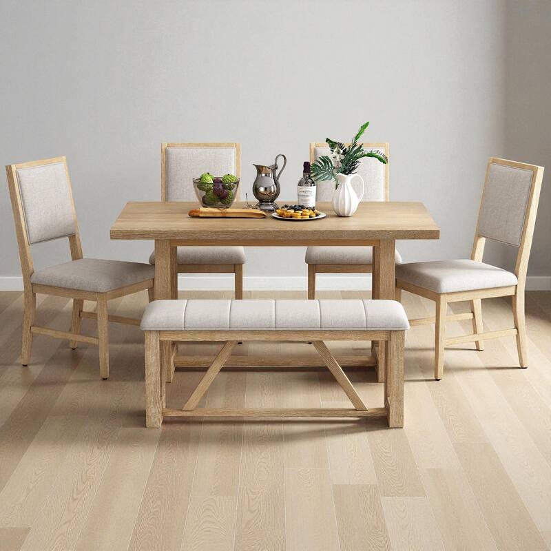 6-Piece Retro Farmhouse Dining Table Set, 60" Wood Table with 4 Upholstered Chairs and Bench for Kitchen & Dining Room