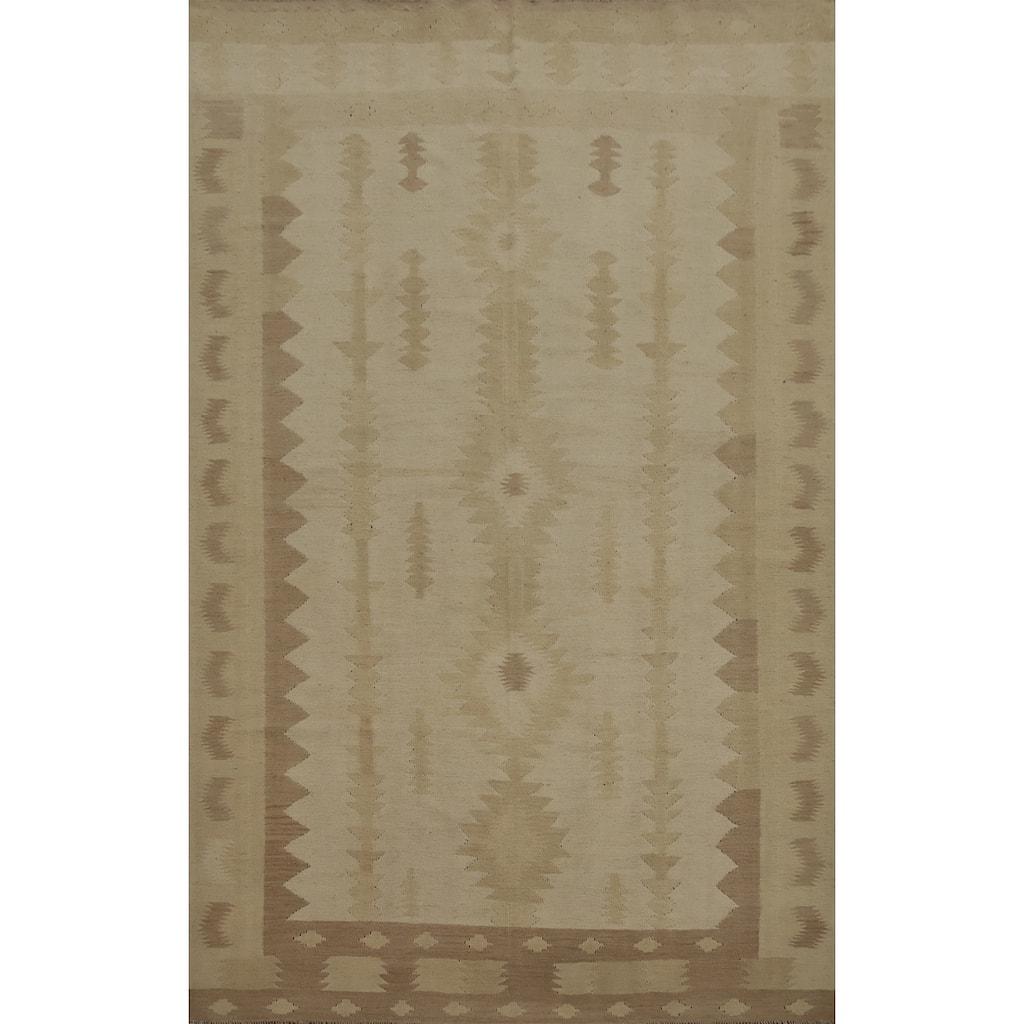 Hand Woven Oriental 100% Wool Carpet Southwestern Tribal Beige & Ivories Kilim Area Rug - 9' 1'' X 5' 9''