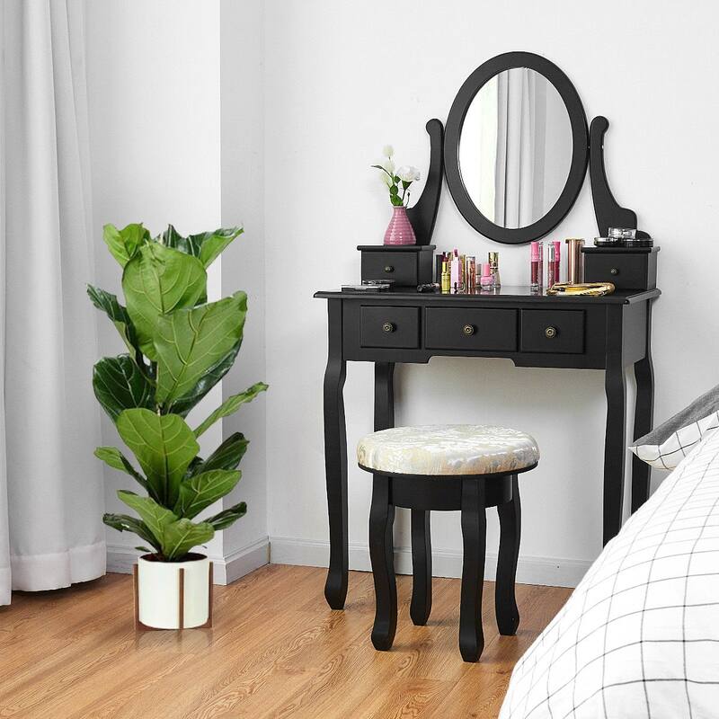 Costway Vanity Table Makeup Table Cushioned Mirror 5 Drawers Black